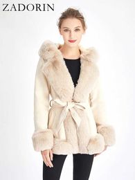 Winter Coat Women Furry Hood Suede Black Faux Fur with Belt Thick Warm Cardigan Jackets for