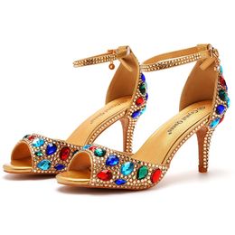 3 Inches High Heels Banquet Rhinestone Wedding Shoes Sweet Wild Single Sandals Bride Party Pumps Gold Blue Green Black Colour