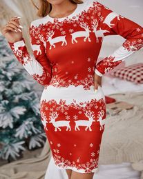 Casual Dresses Christmas Women's 2023 Summer Reindeer Snowflake Print Round Neck Long Sleeve Skinny Mini Dress