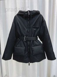 Women's Down & Parkas Designer Autumn and Winter New Temperament Minimalist Style Hood with Metal Belt Waist Wrap to Show Slim Down Coat 0VHZ