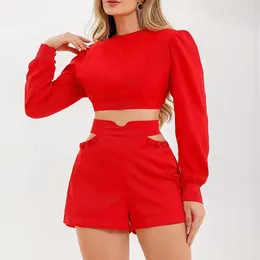 Women's Tracksuits Two Piece Set Women Outfit Sexy Hollow Out Solid Color Slim Pant Sets Long Sleeves Cropped Tops High Waist Shorts Ladies