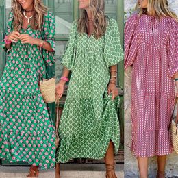 Casual Dresses Puff Sleeve Boho Maxi Dress Elegant Women Summer Floral Drawstring V-Neck Loose Holiday Beach Party