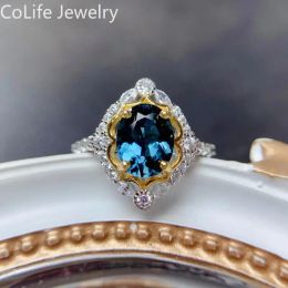 2ct London Blue Topaz Ring 7mmx9mm VVS Grade Natural Topaz Silver Ring No Fading 3 Layers 18K Gold Plating Topaz Jewelry