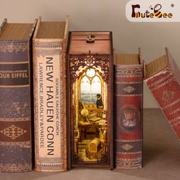 Doll House Accessories CUTEBEE Book Nook Kit Diy Miniature House Sailing Memory Decoration Wooden Book Shelf Insert Model Light Building For Kid Gifts 230424