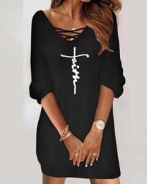 Casual Dresses Women's Letter Print V-Neck Dress Half Sleeve Criss Cross Mini Daily Female