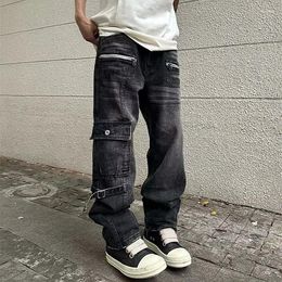 Men's Jeans 2023 Y2K Streetwear Washed Black Zipper Baggy Cargo Pants For Men Clothing Straight Hip Hop Denim Trousers Pantalon Homme