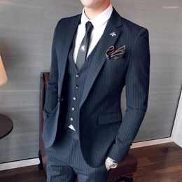 Men's Suits ( Blazer Vest Pants ) High-end Brand Formal Business Mens Suit Three-piece Groom Wedding Dress Stripe Pattern Jacket
