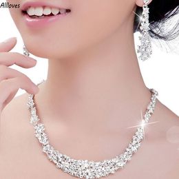 Trendy Silver Crystals Wedding Bridal Jewelry Set Necklace Earrings Sets Dazzling Rhinestones Women Accessories Prom Party Jewelry Set Gift AL8609