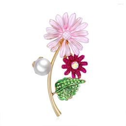Brooches Enamel Pink Daisy Flower Brooch Pins For Women Green Leaf Plant Weddings Bouquet Clothes Jewellery Accessories
