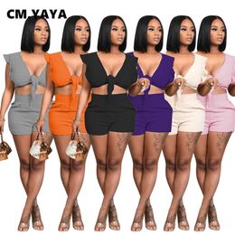 Women's Tracksuits CM.YAYA Streetwear Basic Women's Tracksuit Shorts Set with Bow Up Crop Tops Matching Two 2 Piece Set Outfits Active Sweatsuit P230419