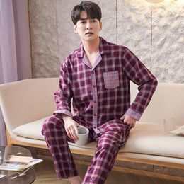 Men's Sleepwear Men Plaid Splice Nightwear Autumn Woven Cotton Long Sleeve High Quality Pyjamas Casual Cardigan Homewear Big Yards Pijama