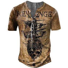 Men's T-Shirts Vintage Button Vneck Navigation T Shirt Short Sleeve Gothic Henley Shirt For Men Oversized Tops Tee Shirt Men Punk Streetwear Z0424