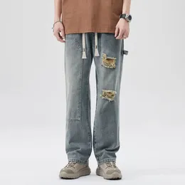 Men's Jeans TFETTERS 2023 Spring Autumn Men Baggy Spliced Ripped Solid Colour Mid Rise Wide Leg Korean Fashion Streetwear Man Set