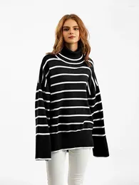 Women's Sweaters Contrast Striped High Collar Pullover Sweater Women Loose Long Sleeved Knitwears Top 2023 Autumn Winter Fashion Female