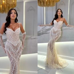 Illusion Glamorous Mermaid Prom Lace Sequined Party Dresses Spaghetti Straps Sleeveless Custom Made Evening Dress