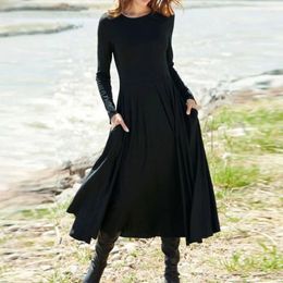 Casual Dresses 2023 Autumn Black Women Maxi Dress Long Sleeve O Neck With Pocket Female Vacation T Shirt For Fall Robes