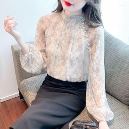 Women's Blouses Luxury Print Long Sleeve Shirt Women Korean Fashion Ladies Tops Spring Jacket Nail Pearl Elegant