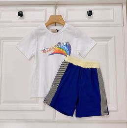 23ss kids designer clothes baby set kid sets boy Round neck Pure cotton rainbow letter logo print Short sleeve t-shirt Ribbon splicing shorts suit baby clothes