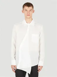 Men's Casual Shirts Fashion Man's Personality Curve Front Long Sleeve White Shirt Korean Trend Patch Pocket Asymmetric Hem