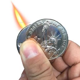 Lighters 2023 New Creative Compact Butane Lighter No Gas Inflated Jet Pendant Coin Bar One Dollar Metal Gift Keychain Key Chain