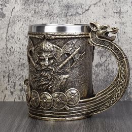 Mugs Nordic Mythology Viking Ship Draon Drakkar Mug Tankard Stainless Steel Liner Bronze Colour Coffee Beer Cup Stein 500ml/20oz
