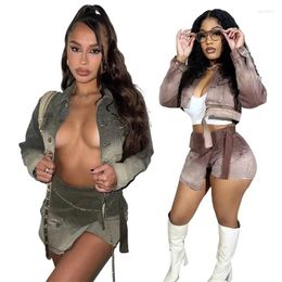 Women's Tracksuits Ladies Gradient Tie-dyed Long-sleeved Lapel Jacket & Sexy Culottes Spice Girl Street Fashion Denim Skirt Suit