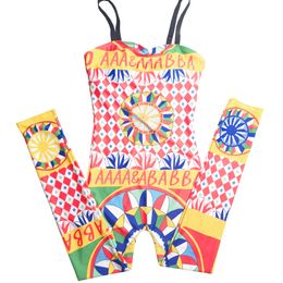 Women Sling Jumpsuits Fashion Contast Colour Tight Swimwear Letter Print Padded One Piece Swimsuit Summer Slim Yoga Outfit