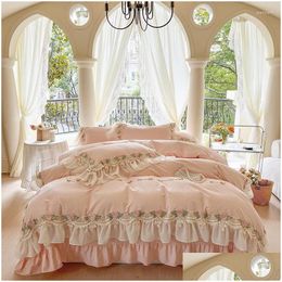 Bedding Sets Bedding Sets Pink Korean Princess Style Cotton Set 400Tc Washed Flower Lace Ruffles Duvet Er Bed Sheet Pillowcases Drop D Dhv5I