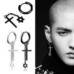 Hoop Earrings Black Color Hexagram Cross Tassel Pendant Stainless Steel Small Circle Huggies Ear Rings Gothic Jewelry