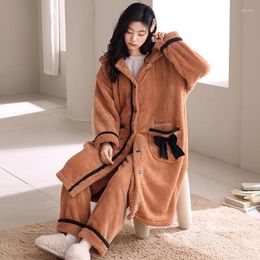 Women's Sleepwear Winter Thickened Cardigan 2 Pieces Pyjamas For Women Coral Fleece Fallow Solid Colour Home Suit Wome