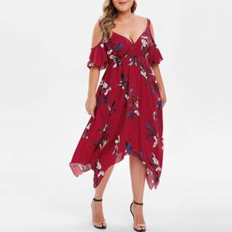 Casual Dresses Summer Womens Open Shoulder Sexy Vneck Spaghetti Strap Floral Print Midi Boho Beach Sundress Plus Size 5XL 230424