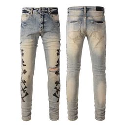 Designer Clothing Denim Pants Amiiri Luxury Trend Fashion Slim Fit Small Foot Elastic Perforated Blue Jeans Men's Amiiri Distressed Ripped Skinny jeans for sale
