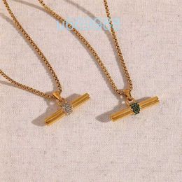 Pendant Necklaces Green Crystal Colour Rhinestone T Bar Square Pearl Chain Stainless Steel Gold Plated Necklace Wholesale Christmas JewelryUVQ3