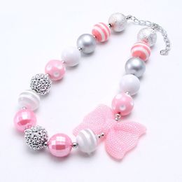 New Baby Girls Chunky Bead Necklace With Pink Bow Cute Child Kids Bubblegum Chunky Necklace Handmade Jewelry For Gift