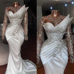 African Arabic Modest Long Sleeve Jewel Neck Wedding Dresses Appliques Lace Satin Ruched Illusion Bridal Gowns Vestido De Novia