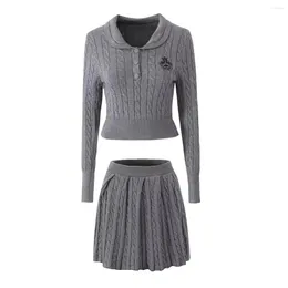 Women's Sweaters Women Long Sleeve V Neck Button Up Twist Cardigan Sweater Pleated Mini Skirt Set