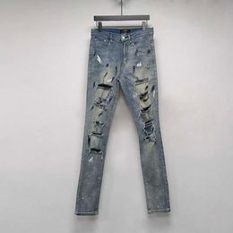 Дизайнерская одежда для джинсовых брюк Amiiri Пятницы чернила дыра Blue Jeans Ручная ручная ручная нарезанная нож