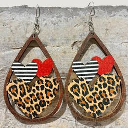 Dangle Earrings Valentine's Day Plaid Cheetah Print Waterdrop Shaped Wooden Hollow Out Heart Texture Ear Accessories Love