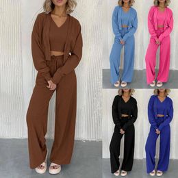 Women's Two Piece Pants Womens 2023 Fall Track Suits 3 Outfits Matching Sets Ribbed Knit Cardigan Cropped Tank Tops Wide Leg Hiking Clothes