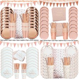 Other Event Party Supplies Rose Gold Birthday Decorations Disposable Tableware Set Paper Cup Adult Wedding Birthday Party Decorations Kids Babyshower Girl 230422