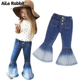 Girls fashion boot cut jeans Cowboy wide leg metal buttons elastic waist pants children Mermaid Splicing legs clothes