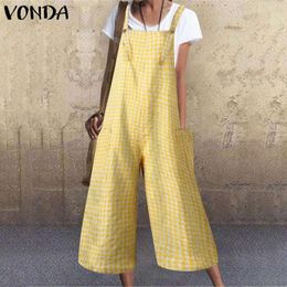 Women's Jumpsuits Summer Rompers 5XL Women Plaid Printed 2023 Ladies Casual Loose Wide Leg Long Pants Plus Size Bohemian Overalls &