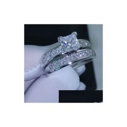 Band Rings Band Rings Luxury Size 5/6/7/8/9/10 Jewellery 10Kt White Gold Filled Topaz Princess Cut Simated Diamond Wedding Ring Set Gift Dhy1Q