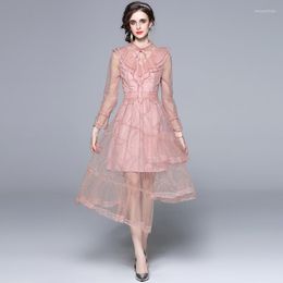 Casual Dresses 2023 Summer Women Mesh Dress Midi-Calf Lace Embroidery Ladies C Pink Party Voile Princess Luxury Vestidos Mujer