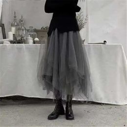 Skirts Vintage Gray Tulle Long Irregular Pleated Skirt Elastic Black High Waist A-Line Mesh Korean Chic Gothic Punk Streetwear
