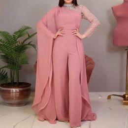 Unique Jumpsuit Evening Dresses With Cape Sleeve Bead Neck Pearls Celebrity Outfit Gown Chiffon Arabic Dubai Females Special Ocn Dress 415