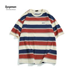 Men's T-Shirts New Loose Contrast Colour Short Sleeve Main Striped Tshirts Couples For Men And Women In The Summer Of 2022 Z0424