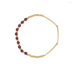 Link Bracelets RHYSONG Women Handmade Burgundy Garnet Ball Curved Tube Elastic Bracelet Lady Cute Fashion Stainless Steel Daily Jewellery Gift