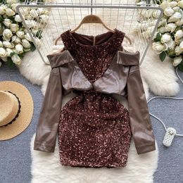 Casual Dresses Hollow Women Chic Female Ladies Vestido Fashion A Line Elegant Patchwork O Neck Sequins Luxury Girl Party Dress