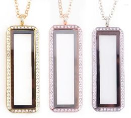 Pendant Necklaces 1PCS/lot Rhinestones Rectangle Floating Locket With Necklace Chains Glass Memory Living Charms Women Gift Jewelry